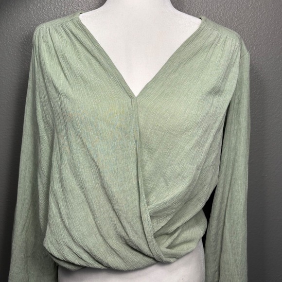 Free People Tops - Free People Sage Green Textured Surplice Wrap V-Neck High-Low Blouse Top